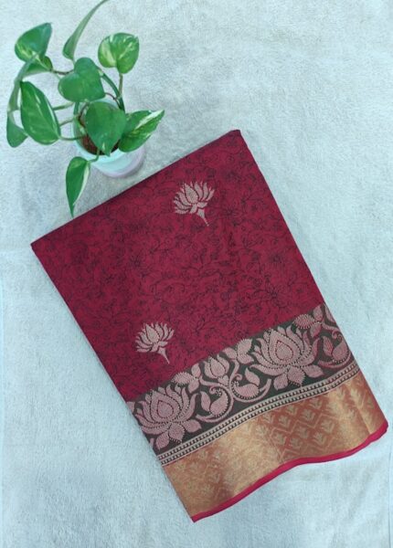 Maroon Cotton Saree with Lotus Motifs and a Golden Border