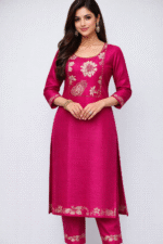 Festive Fuchsia semi-silk kurta with elegant mirror work
