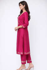 Festive Fuchsia semi-silk kurta with elegant mirror work - Image 4