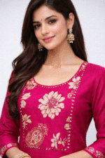 Festive Fuchsia semi-silk kurta with elegant mirror work - Image 5