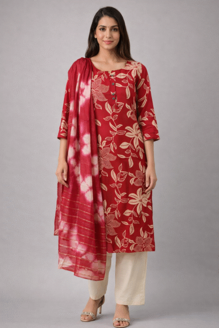 Red Floral Print Cotton kurta set