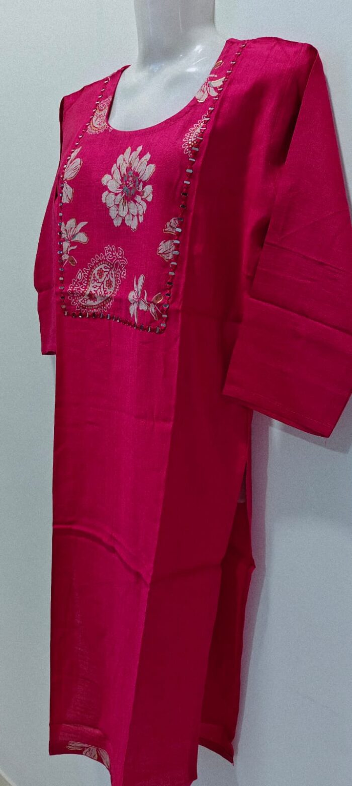 Festive Fuchsia semi-silk kurta with elegant mirror work - Image 4