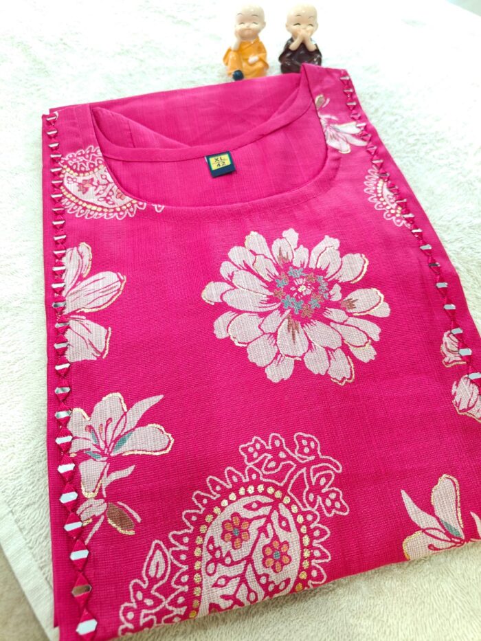 Festive Fuchsia semi-silk kurta with elegant mirror work - Image 2